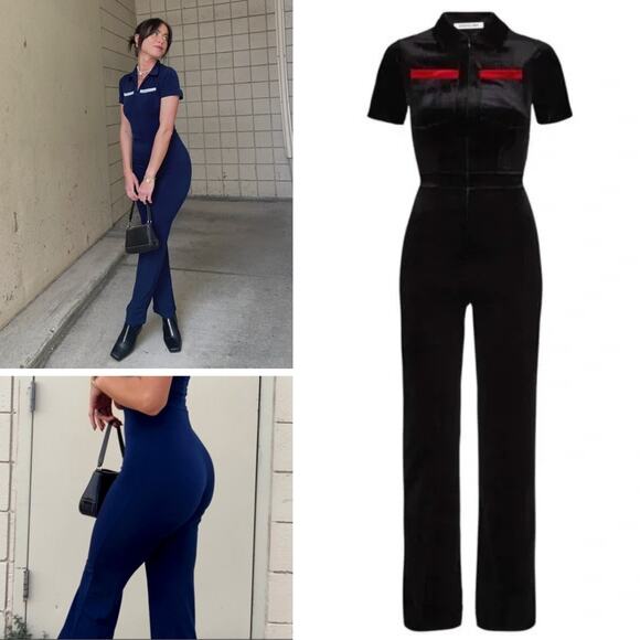 PEACHY DEN Black Velvet Kernel Velvet Jumpsuit Black Size XS Red Detailing